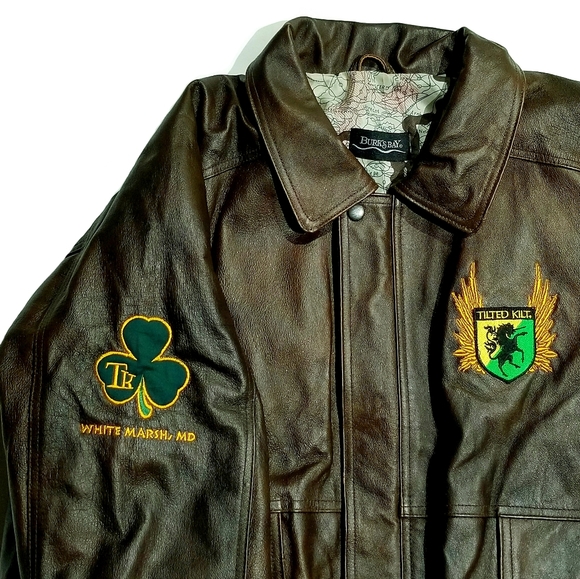 Rare Tilted Kilt Pub White Marsh Burks Bay Mens Leather Bomber Jacket Brown XL - Picture 3 of 12